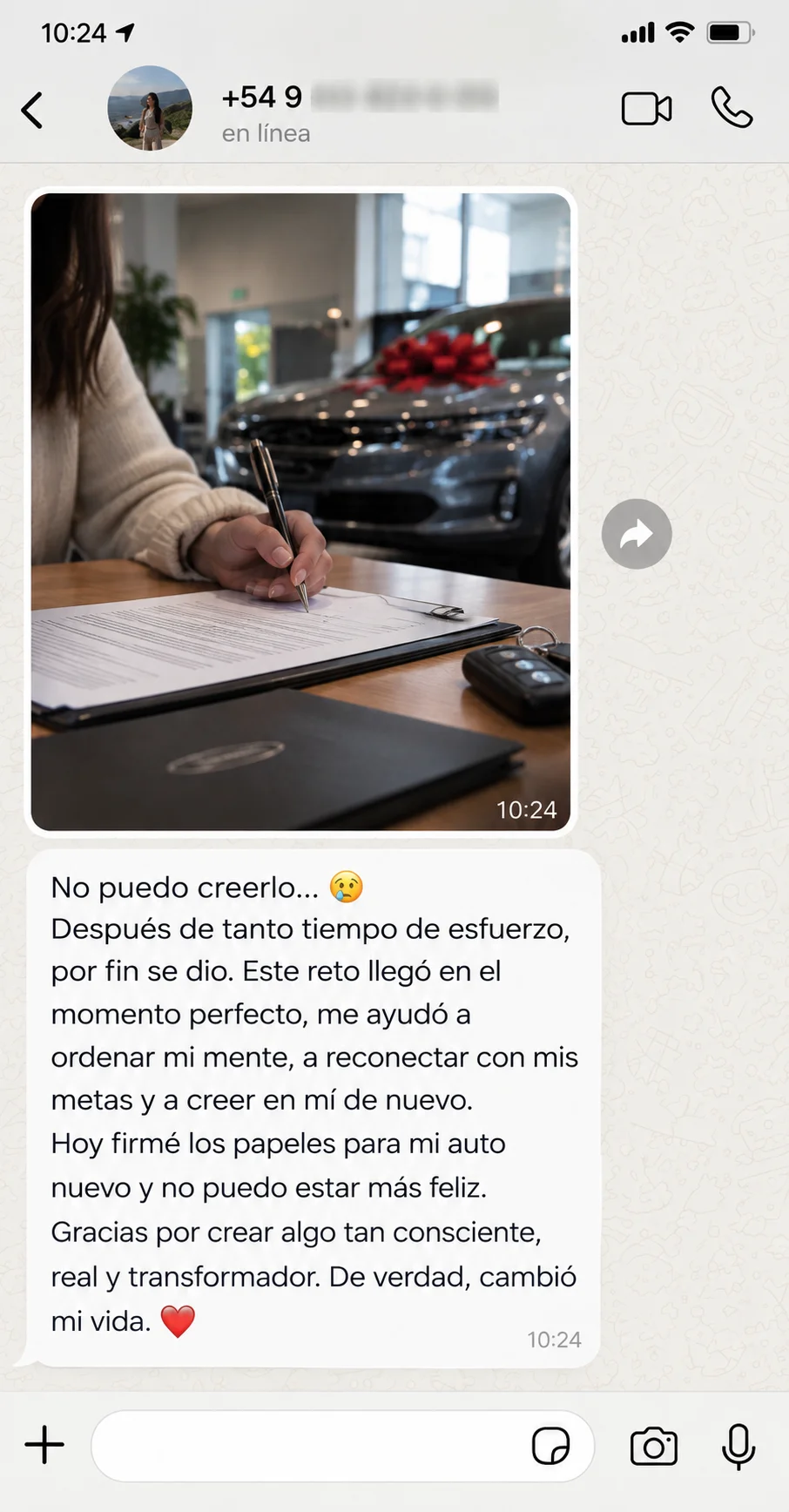 Testimonio recibido por WhatsApp sobre alcanzar la meta de comprar un auto nuevo