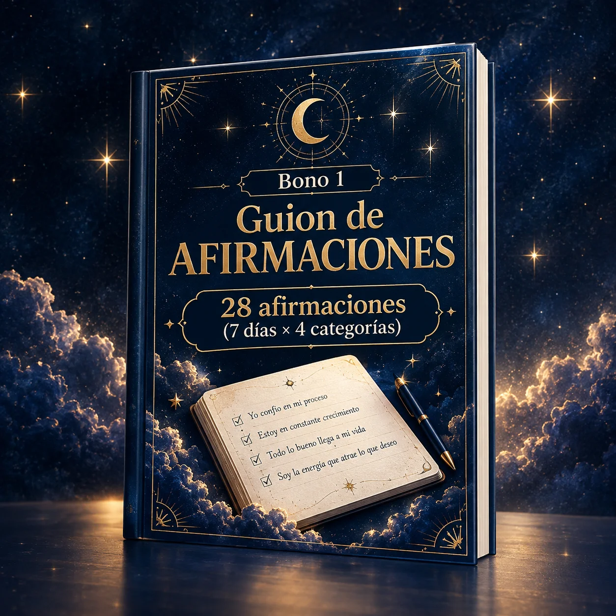 Mockup del Guion de Afirmaciones con 28 afirmaciones para 7 días