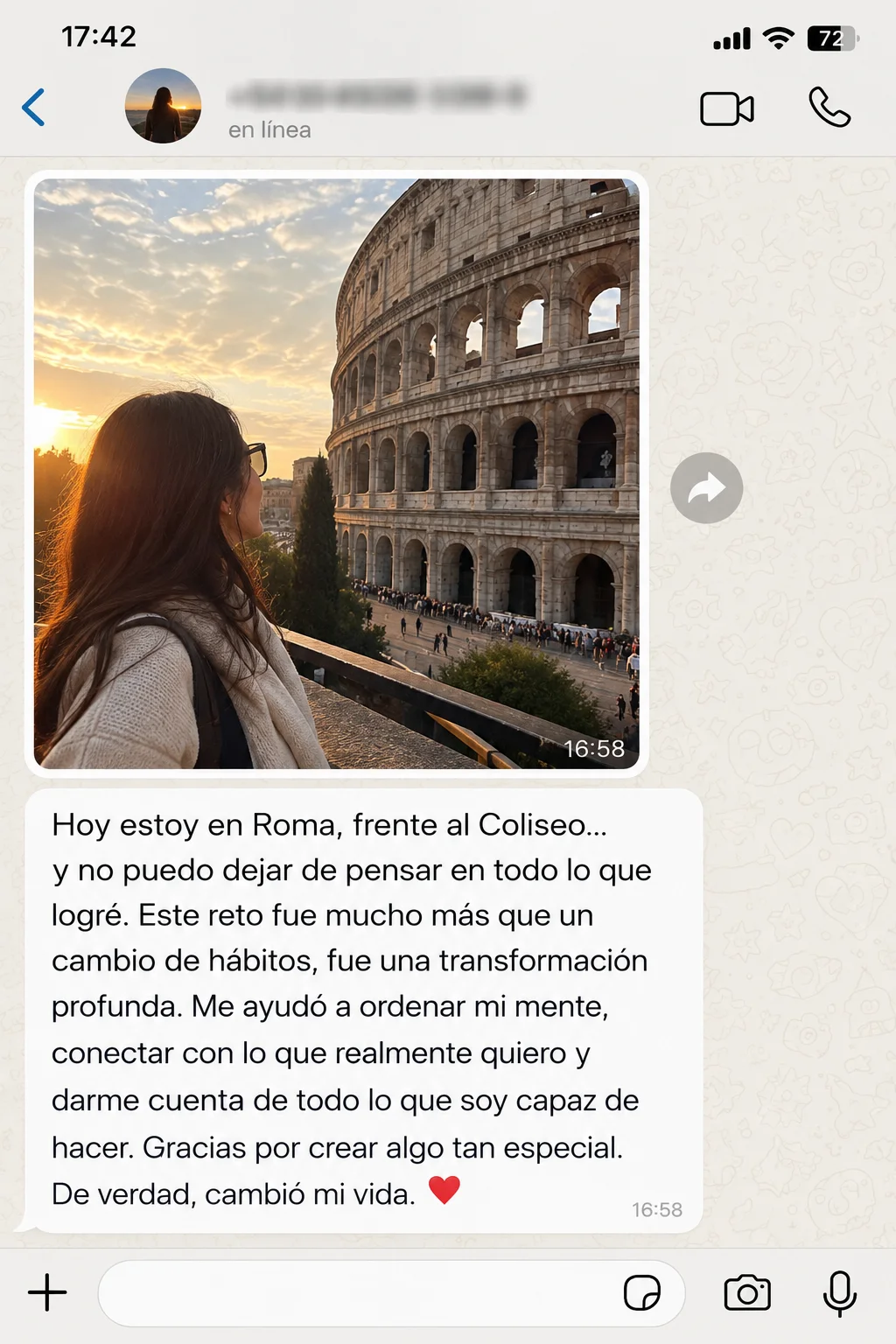 Testimonio recibido por WhatsApp sobre una transformación personal y un viaje a Roma