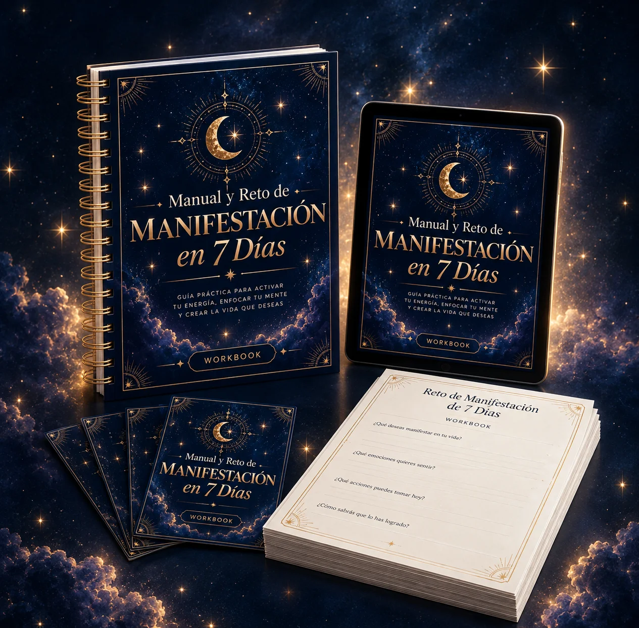 Manual y Reto de Manifestación en 7 Días en formato cuaderno, tablet y hojas de trabajo