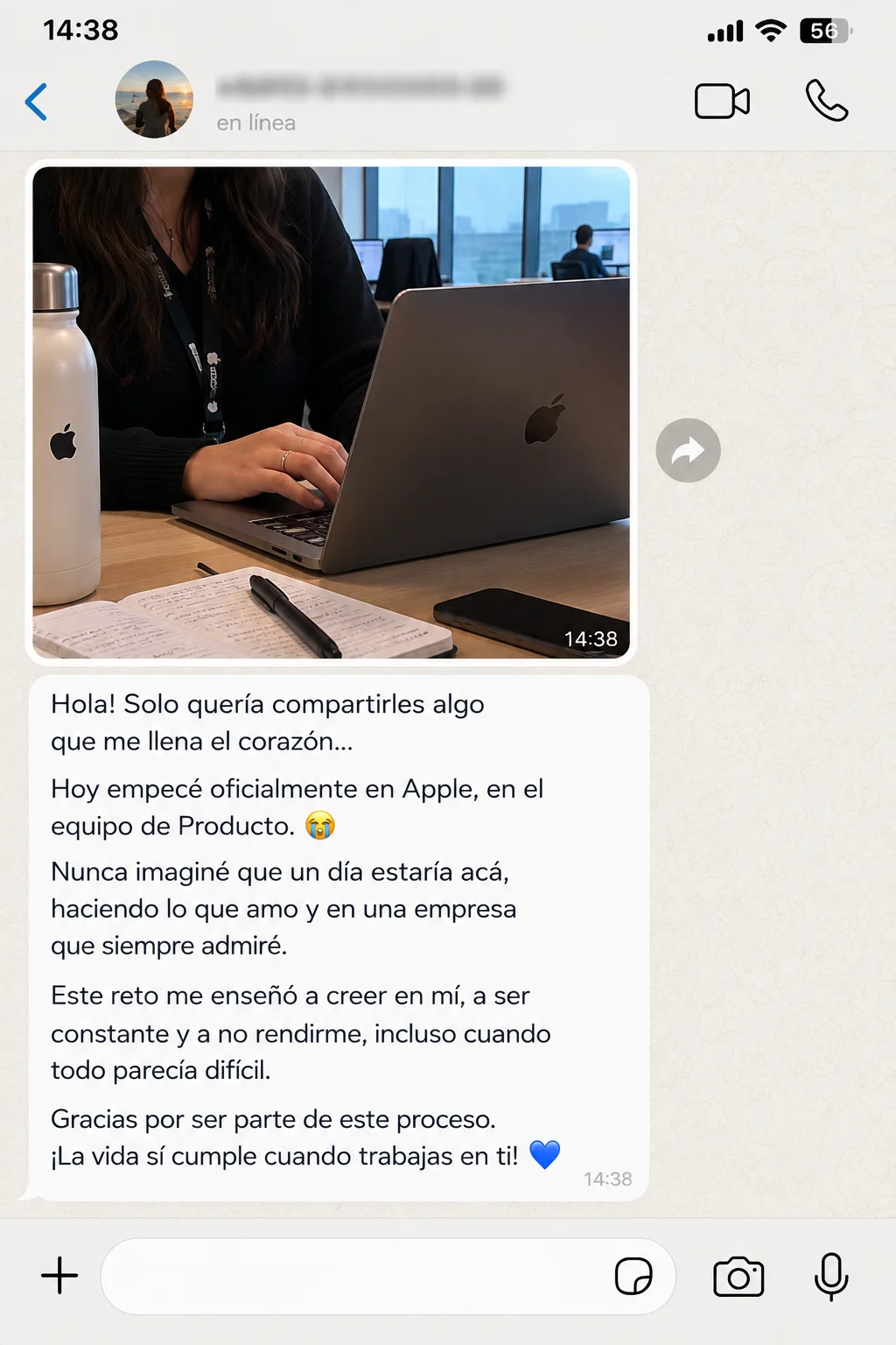Testimonio recibido por WhatsApp sobre comenzar un nuevo trabajo en Apple