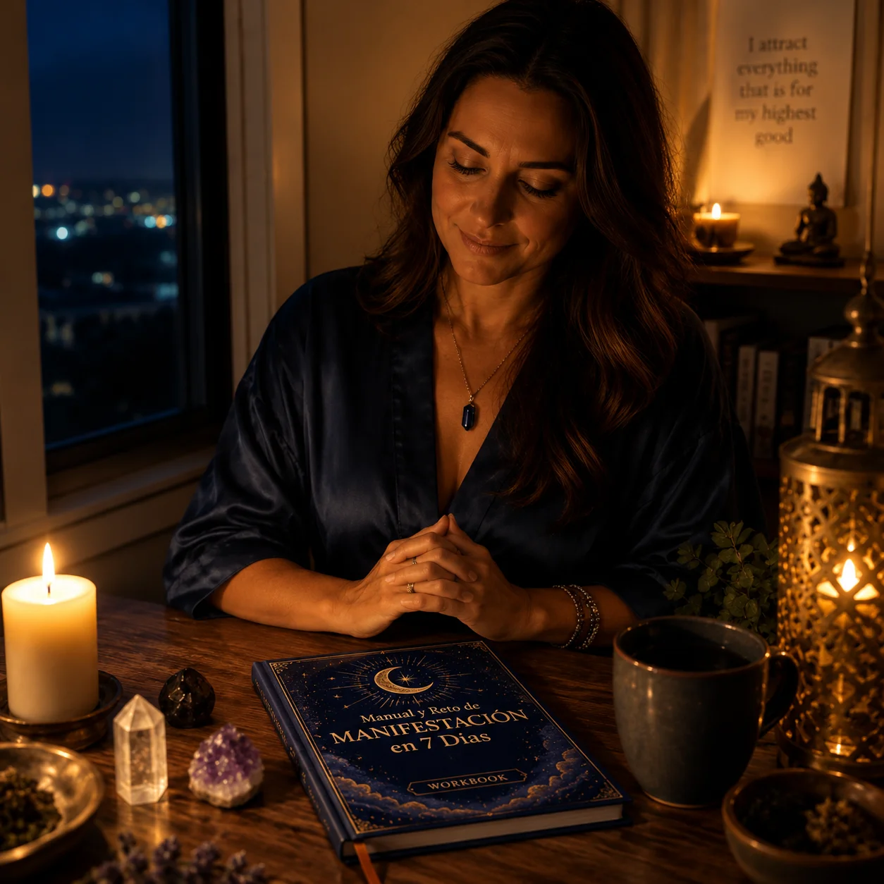Mujer meditando junto al Manual y Reto de Manifestación en 7 Días
